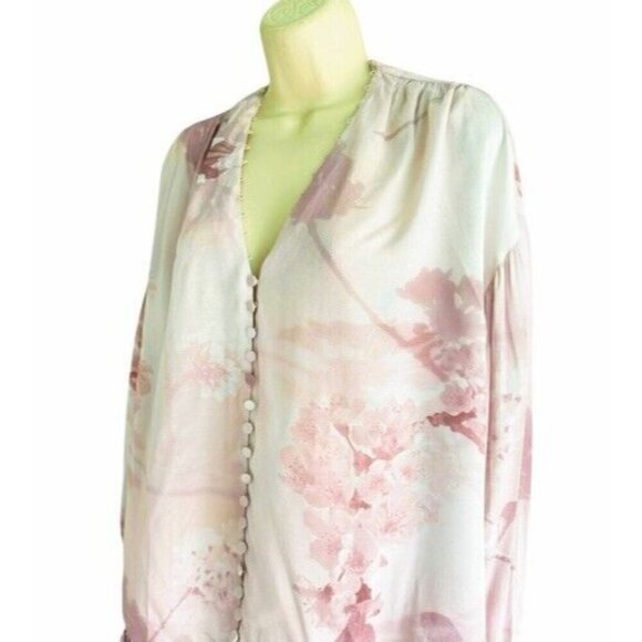 Allsaints Woman's Sz 4 Stella Ume Light Pink Watercolor Button Blouse - Picture 3 of 9